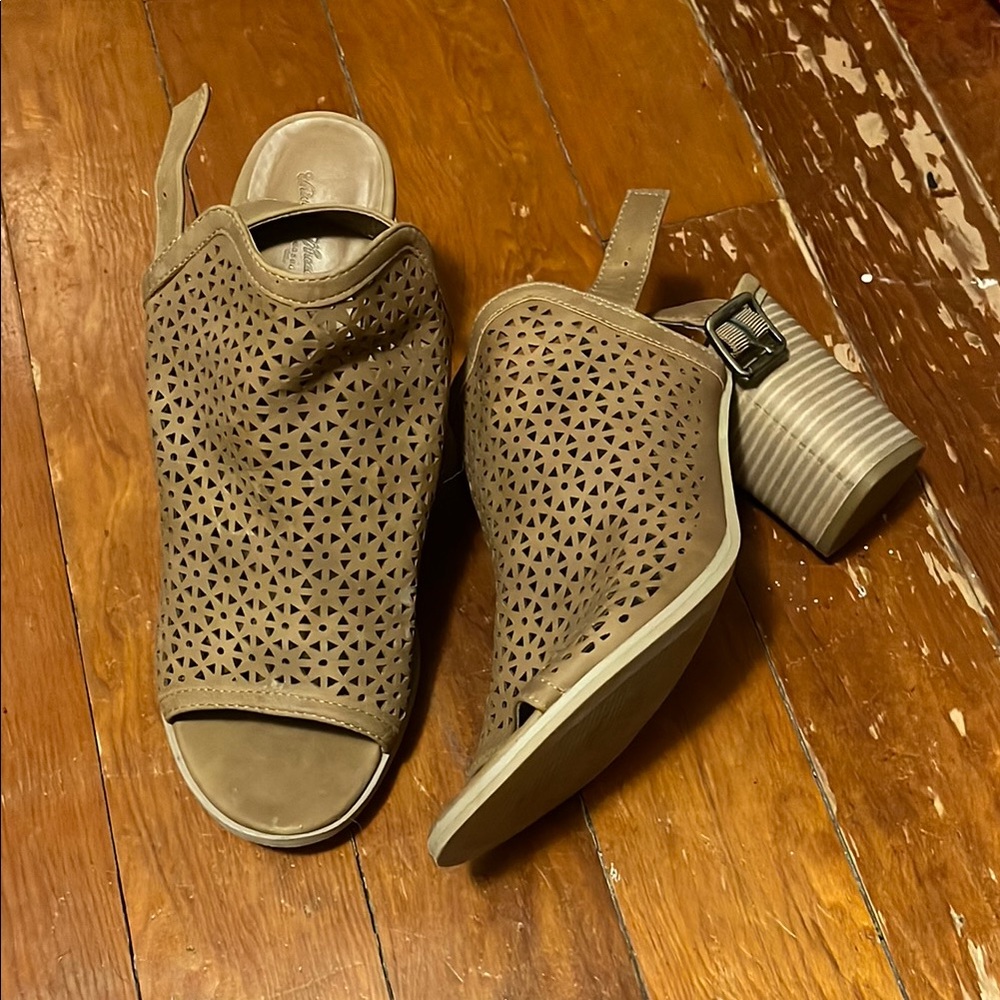 Brown leather cutout block heels